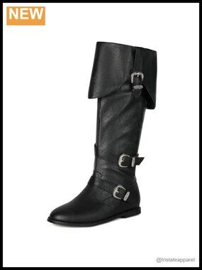 Women's Knee High Pirate Boots Vintage Style PU Leather Costume Shoes Round Toe